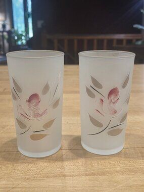 Vintage Anchor Hocking Gay Fad Frosted Pink Rosebud Glasses Pair